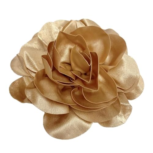 IMINI Tela de satén de gran tamaño flor rosa extra grande broches camelia de seda broche para mujer fiesta de boda baile banquete vestido accesorios de ceremonia joyería regalos, Metal, amarillo