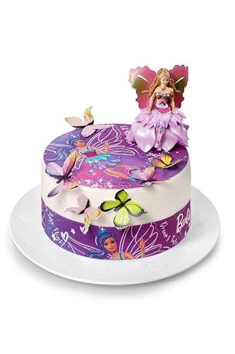 Kardasis Barbie Fairytopia - Decoración comestible para tartas y cocina (20 cm, 4 cintas de 28 x 4 cm, 3 figuras de papel y 1 figura 3D