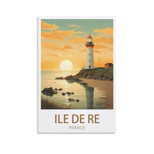 Poster vintage sur toile représentant l'île de Ré France - Décoration murale pour salon - Motif phare - 30 x 45 cm