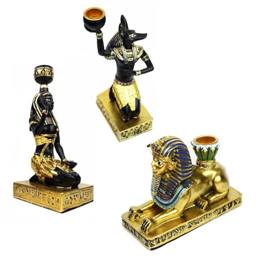 dDanke 3-Piece Egyptian Resin Candle Holder Set – Anubis, Goddess, and Sphinx Figurines – Ancient Style Decorative Candlesticks for Table or Shelf