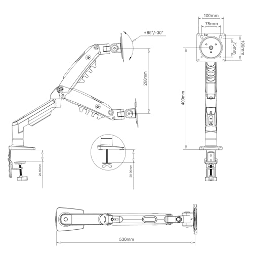 Supporto da scrivania con molla a gas per schermi LCD 17?-32?, bianco, VESA 75 mm e 100 mm, rotazione a 360° con peso da 2 a 9 kg - Monitor - Immagine 10