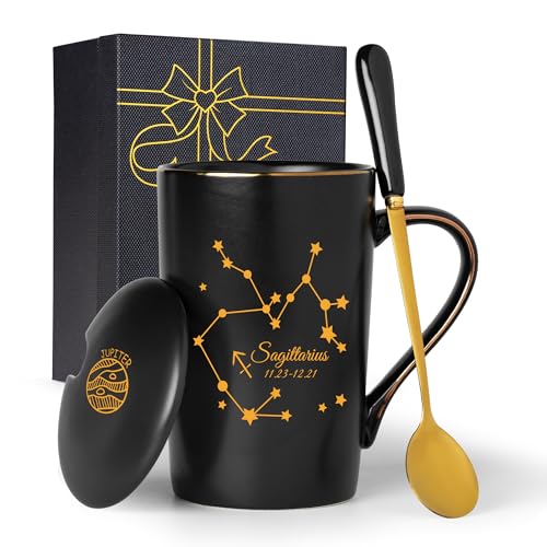 Jmugmt Sagittarius Gifts for Women, Sagittarius Zodiac Sign Star Gift for Girls Woman Men, November December Birthday Gifts for 12 Horoscope Astrology Lovers, 14 OZ Black with Gift Box Spoon Lid