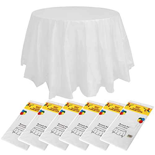 Lot de 6 nappes rondes jetables en PEVA pour mariage, banquet, restaurant, barbecue, mariage en plein air, blanc, 213,4 cm