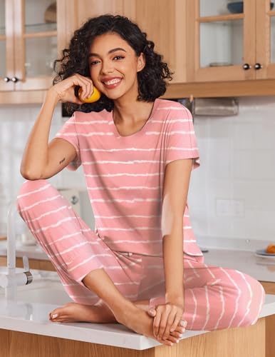 Image of Ekouaer 2 pack Pajama Sets for Womens Jogger Pants Pjs Short Sleeves Lounge Set Soft Sleepwear with Pockets