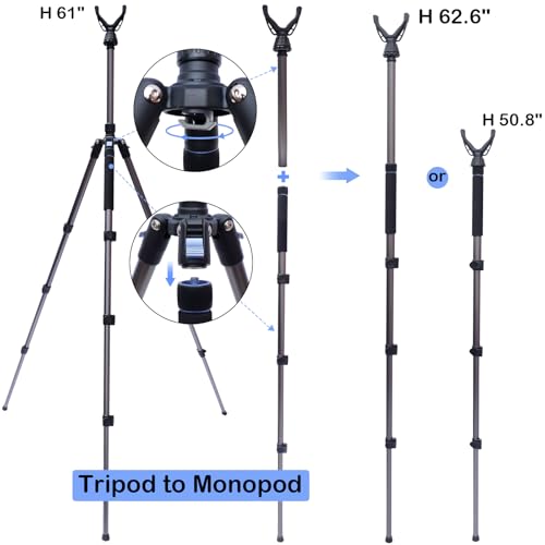 Image of Adjustable Shooting Tripod for Rifles Shooting Stick Level-Lock 3-in-1 Tripod Monopod Bipod, 22.8″-61″ Height, Lightweight Aluminum Alloy with Carrying Bag, Stable Rifle Rest for Hunting & Outdoor