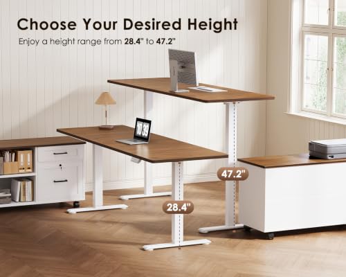 Image of OffiGo 63 inch L Shaped Electric Standing Desk with Cabinet Sets, Walnut /White | Mobile Drawers & File Cabinet Sets for Flexible Layout, Height Adjustable Executive Stand Up Desk for Home Office Workstation