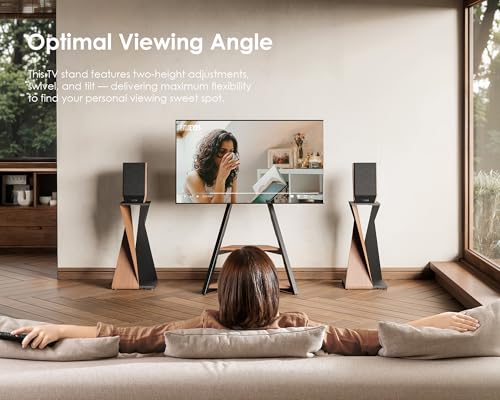 FITUEYES Design Corner TV Stand for 32 43 50 55 65 Inch TVs, Small Spaces Floor TV Stand Rolling TV Cart for LCD/LED Flat Curved Screens, Modern Living Room Television Stands, Eiffel Series, Walnut