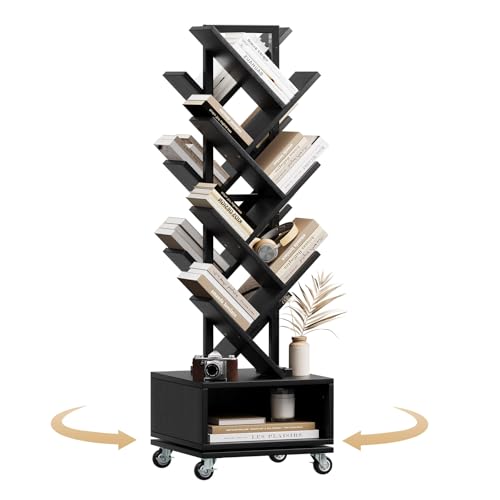 iabifo 7 Tier Double Sided Rotating Tree Book Shelf, Floor Standing Wood Bookshelf with Adjustable Wheels for Narrow Space, with Storage Cabinet for Books/CDs/Magazine, Black