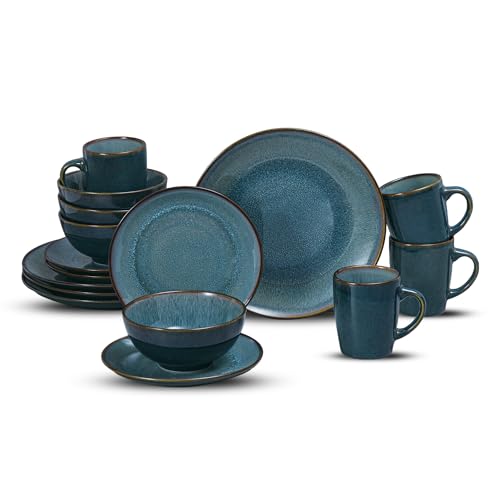 La Mejor Lista de Vajilla ceramica los 10 mejores. 50 CASA LITUS Vajilla de Cerámica de Gres 4 Personas 16 Pz, Color Reactive Glazing Artesanal, con Plato Trinche, de Ensalada, Hondo y Taza. Apta para Microondas, Lavavajillas,...