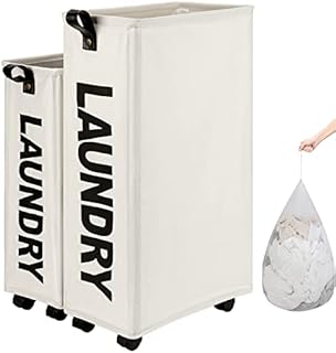 Amazon Brand  Umi X-Large Rolling Slim Laundry Basket with Wheels Collapsible Laundry Hamper with Leather Handle Waterproof Foldable Corner Storage Bins with Mesh Cover-XL, Beige