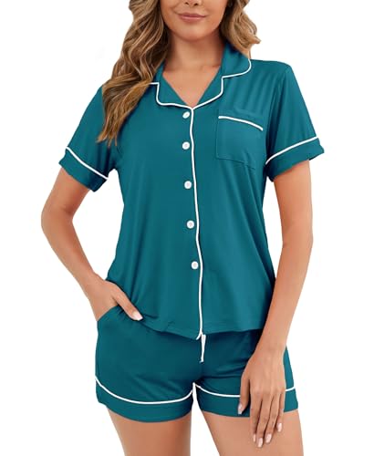 Image of Womens Pajamas Set Short Sleeve Sleepwear Button Down Pjs Shorts Set Soft Pjs Lounge Set With Pockets