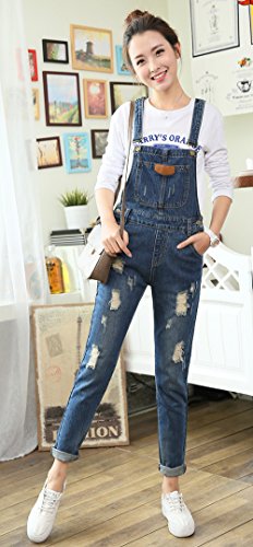 AvaCostume Women\'s Adjustable Strap Ripped Denim Overalls DarkBlue S - Thumbnail 3