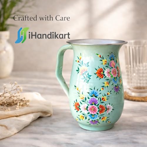Image of iHandikart Handpainted Stainless Steel Water Jug | Mint Green Floral Steel Pitcher for Water, Juice & Milk | Decorative Serving Jug for Kitchen, Dining & Home Decor | 8 x 6 Inch