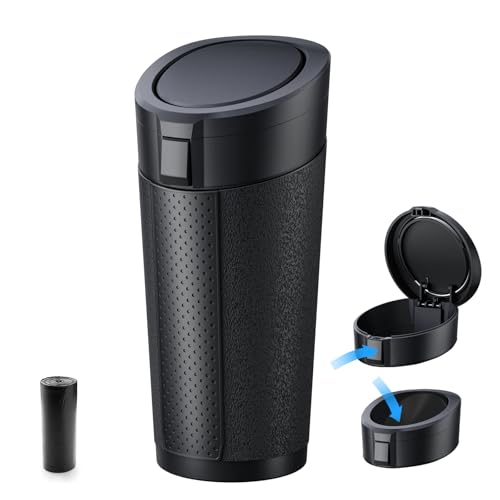 Car Cup Holder Trash Can with Lid - Mini Small Auto Garbage Bin for Vehicle, Car Door, Back Seat - Leakproof Portable Dustbin (Black)