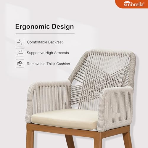 Image of PURPLE LEAF 9 Pieces Patio Dining Set with Cushion and Wicker Arm Deep Teak | Premium HPL Tabletop, Sunbrella Color Lasts, Quick-Dry Textilene Rope Backrest, Stable Aluminum Frame, Washable Seat Cover