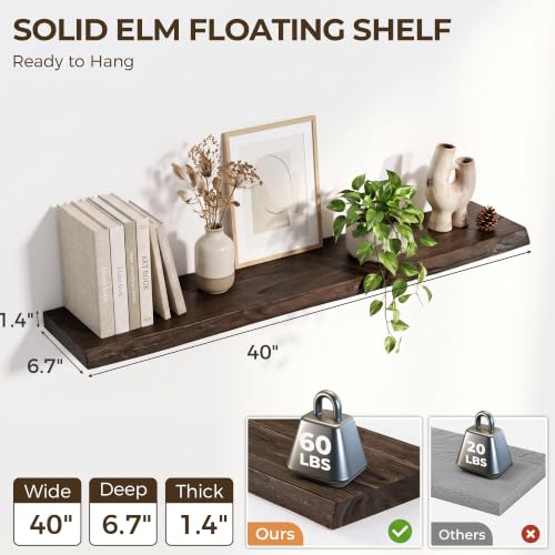 Image of Live Edge Elm Floating Shelves - 40 In Rustic Solid Wood Shelves with Heavy-Duty Invisible Bracket, Wall-Mounted Wooden Shelf for Living Room, Bathroom, Kitchen Storage & Display, Set of 2, Walnut