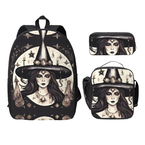 Sac à dos d'école léger Magic Witchcraft 3 pièces avec boîte à déjeuner et trousse bohème noire