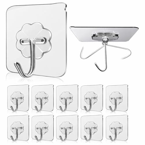 JIALTO Adhesive Hooks Kitchen Wall Hooks-Heavy Duty 13.2lb(Max) Nail Free Sticky Hangers with Stainless Hooks Reusable Utility Towel Bath Ceiling Hooks-10 pcs