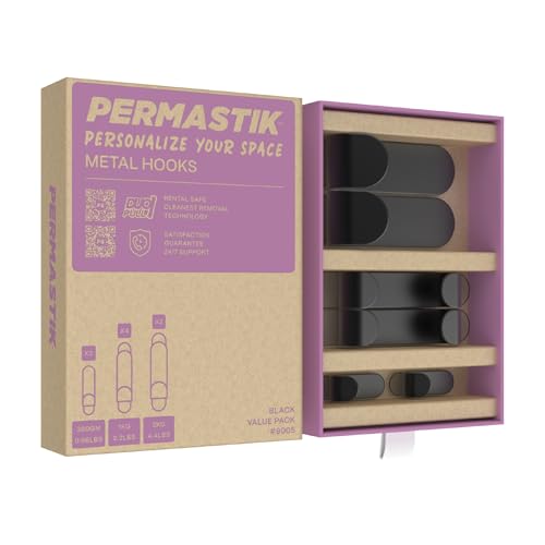 Permastik Damage Free Hooks Bulk Pack Mixed Black Metal Hooks – 8 Piece Strong Adhesive Removable Wall Hooks for Organising Kitchens Bathrooms Offices and Living Spaces