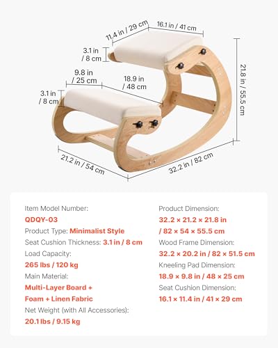 VEVOR Ergonomischer Kniehocker mit Dicken, Integrierten Schaumstoffpolstern & Massivholzrahmen, Höheneinstellbarer Kniestuhl zur Entlastung von Nacken und Rücken, Ideal für Zuhause, Büro, Beige