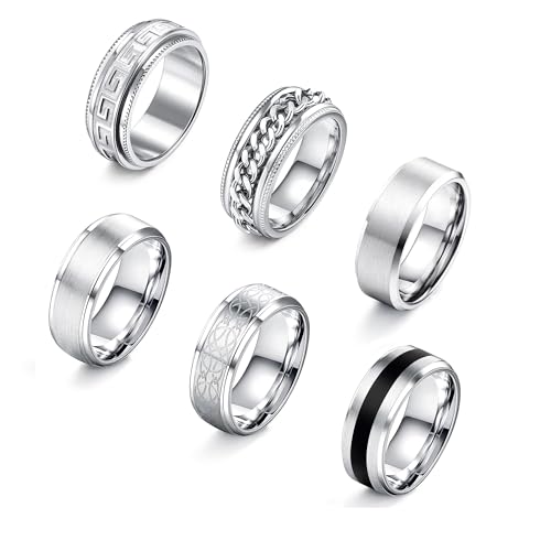 Thunaraz - Thunaraz 6PCS Stainless Steel Rings for Men and Women - Vintage Thumb Ring Set, Silver Engagement and Wedding Band, Fidget Ring - Size 10