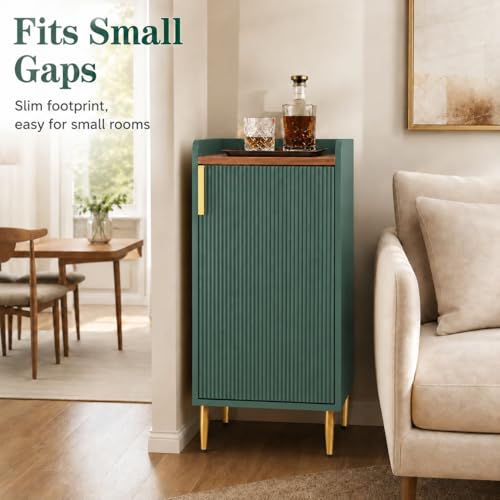 Image of ARTPOWER Mini Bar Cabinet for Apartment, Fluted Wine Bar Cart with Wine Racks & Wine Glass Holder, Modern Corner Liquor Cabinet for Living Room, Dining Room, Kitchenn(Green)