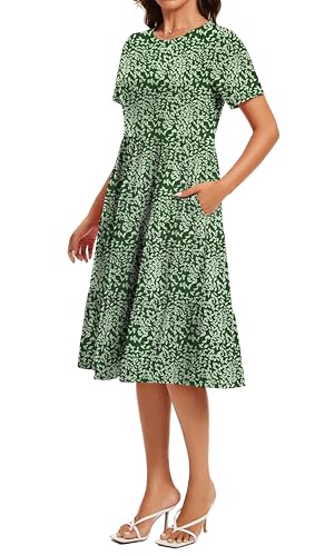 Image of Womens Summer Short Sleeve Crew Neck Midi Dress 2026 Casual Fit Flowy Tiered Beach Vacation Sundress with Pockets
