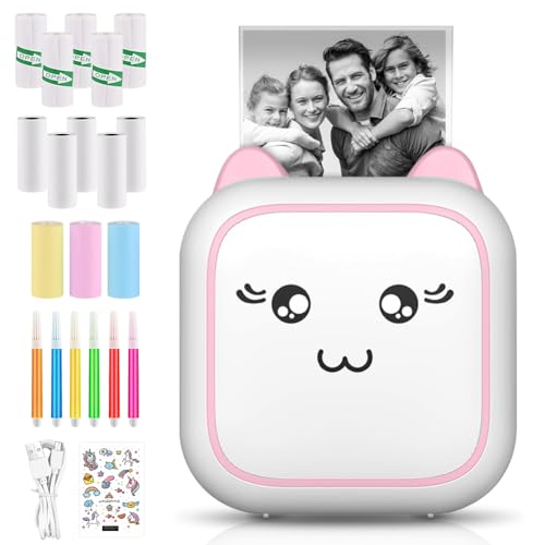 panthem Portable Label Printer with 13 Roll Printing Paper, Bluetooth Wireless Sticker Printer, Small Thermal Inkless Photo Printer, Mini Pocket Printer for Children Study Note Picture Journal Gift