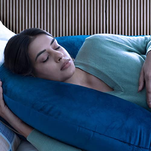 Image of C-Shaped Sleeping Pregnancy Pillow| Removable Washable Velvet Cover with Zipper| PregnoCare Fibre| Maternity, Nursing| Full Body Soft Support Bump, Head, Back, Shoulder, Hip, Legs & Belly (Royal Blue)