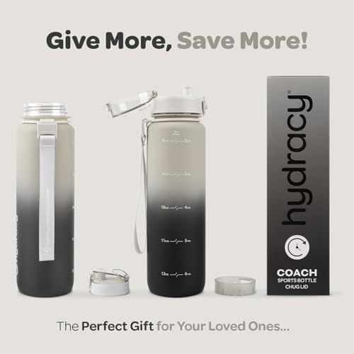 Image of Hydracy Water Bottle with Time Marker -Large 32oz BPA Free Water Bottle -Leak Proof Gym Bottle with Fruit Infuser Strainer & Times to Drink - Gradient Grey Black | BPA Free - Leak Proof Gym Bottle with times to drink - Ideal for Fitness Sports & Outdoors