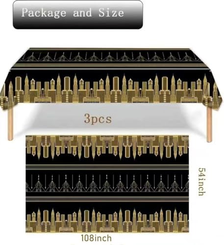 Image of 3pcs Roaring 1920's Party Decorations Great 20's Plastic Tablecover Table Cloth for Black and Gold Birthday Music Party for Hollywood 1920s Birthday Speakeasy Retro Flapper Wedding Party Supplies