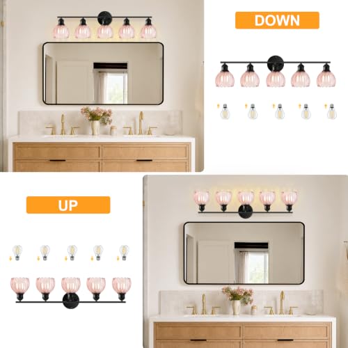 Image of Bathroom Light Fixtures, 5-Light Brushed Black Vanity Lights for Bathroom with Pink Tulip Glass Shade, 30 inch Vintage Bathroom Vanity Lighting Fixtures Over Mirror for Bedroom Living Room Hallway