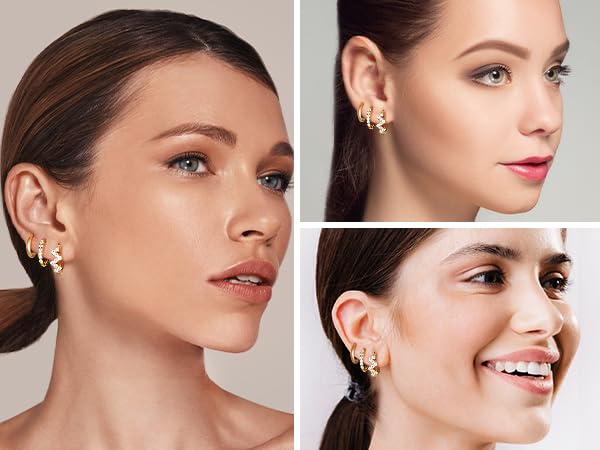 Surgical Steel Huggie Hoop Earrings Set for Multiple Piercing,Hypoallergenic CZ Small Earrings for Women Waterproof and Non Tarnish3