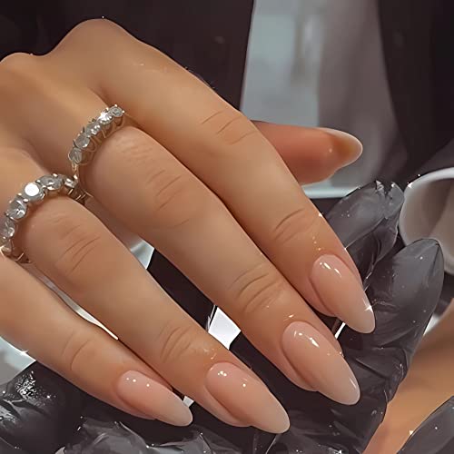Baoximong Medium Press On Nails Almond Nude Fake Nails Glossy Glue On Nails Nature Full Cover Acrylic False Nails With Designs Stick On Nails For Women 24Pcs #TOP8