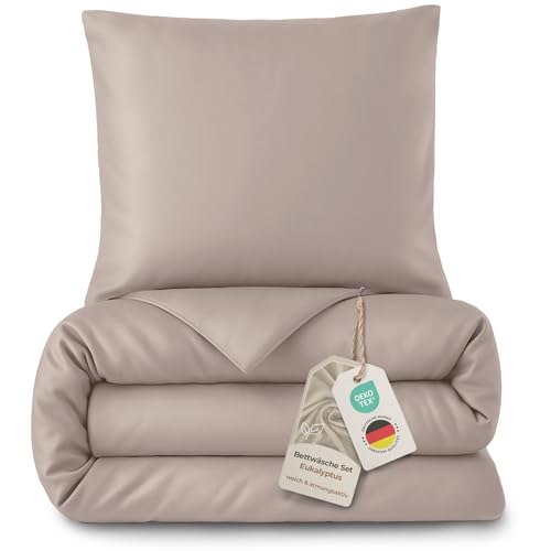 LAYNENBURG Premium Lyocell Bettwäsche in 135x200 + Kissenbezug 80x80 cm - 100% Lyocell Tencel aus u.a Eukalyptus Oeko-TEX 100 - kühlende Sommer-Bettwäsche mit Reißverschluss (Taupe)