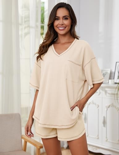 Image of Womens Pajama Sets Waffle Knit 2 Piece Short Lounge Set Cute Sleep Loungewear Pjs Set Short Sleeve Top and Shorts