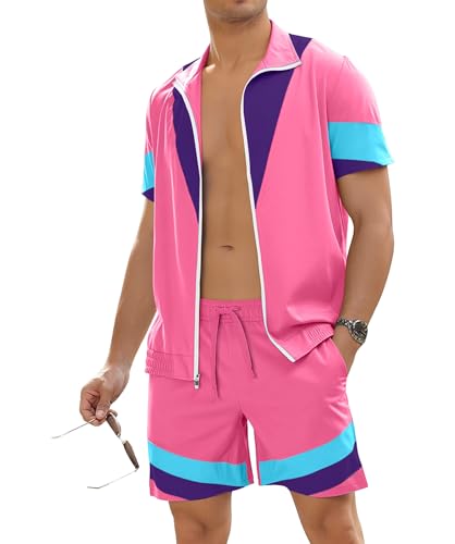 UOUA 80s Outfit for Men 90s Color Block Costumes 2 Piece Retro Short Sleeve Jacket & Shorts Set for Party Pink XL