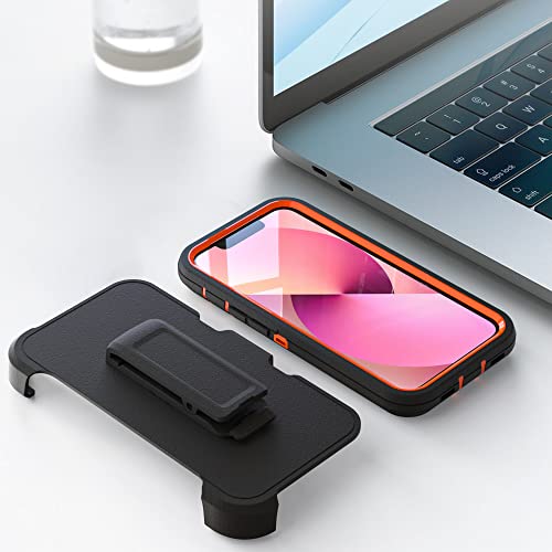 Image of Case for iPhone 13 Mini with Clip, Heavy-Duty Tough Rugged Shockproof Drop Protective Cover Phone Cases, Black+Orange