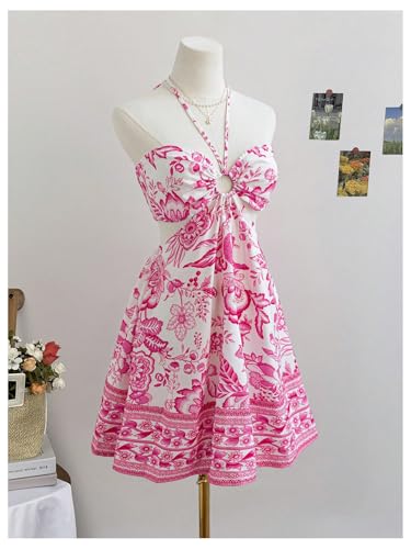 Image of Floerns Women's Floral Halter Neck Vacation Dress Sleeveless Cut Out Boho Cami Dress
