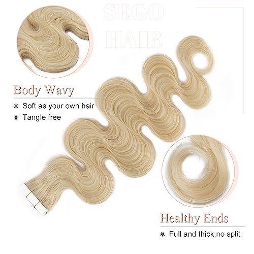 Sego Wavy Tape In Hair Extensions 18 Inch 20Pcs 50G Natural 100% Remy Human Hair Real Seamless Skin Weft Invisible Rooted Double Sided Tape Hair For Women-Bleach Blonde-Body Wave #TOP3