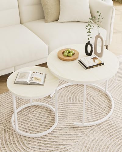 HEYZOEY Round Coffee Tables, Removable Set of 2 End Table, Nesting Tables with White Metal Frame Legs and Wooden Oak Top for Living Room, Bedroom, Office, Balcony, Apartment (Oak/white)