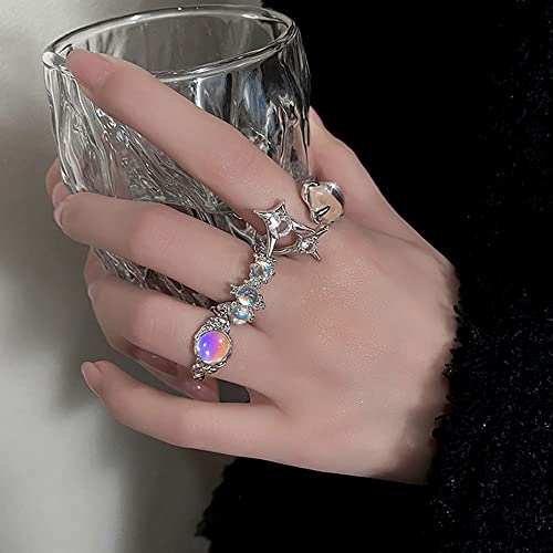 Kurtcb Carnelian Rings Set Y2K Moonstone Ring Irregular Agate Opal Irregular Opening Adjustable Stackable Rings For Women Downtown Girls (Silver) #TOP2