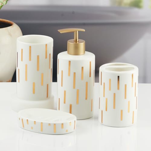 Image of Kookee Ceramic Bathroom Accessories Set of 4, Modern Bath Set with Liquid handwash Soap Dispenser and Toothbrush Holder, Luxury Gift Accessory for Home (11374)