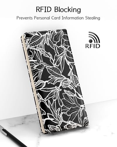 Image of Nipichsha Womens Wallet, RFID Slim Wallets for Women, Thin Ladies Credit Card Holder Purse, Cute Leather Bifold Clutch Billfold with 11 Card Slots & ID Window, Black White Leaf