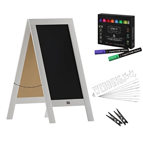 A Frame Chalkboard with Chalk Markers by HBCY Creations: 40x20 Solid Wood A-Frame Sign White Double-Sided Magentic Menu Board, Deluxe Set Includes 8 Chalk Markers, 10 Stencils, 2 Magnets