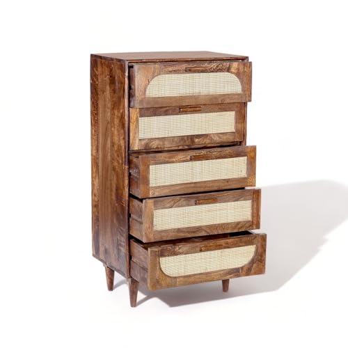 Image of Solid Wood Atlanta Chest of Drawer | Dresser with 5 Drawers | Wooden Chest of Darwers | Chest of Drawers with Cane /Rattan | Finish- Tubaq