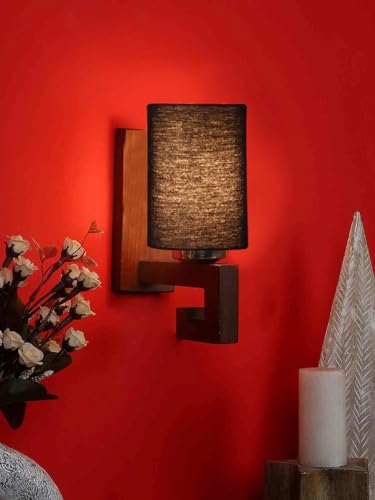 Image of Wall Lamp with Wooden Base (H- 10.9 Inch, Black) Wall Sconce for Bedroom /Living Room, Study Room, Home Office Decor | Decorative Indoor Lighting, Warm Ambient Night Light Lamp | Barrel Shape