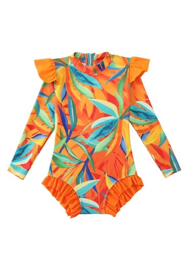 Kids One-Piece Swimsuit Long Sleeve Ruffle Back Zipper Swimwear Girls UPF 50+ Rash Guard Beachwear