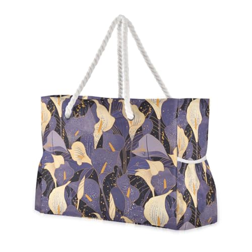 Chic White and Purple Calla Lily Vintage Large Capacity Large Work Tote with side pocketes Beach Bag Tote for beach&school&work