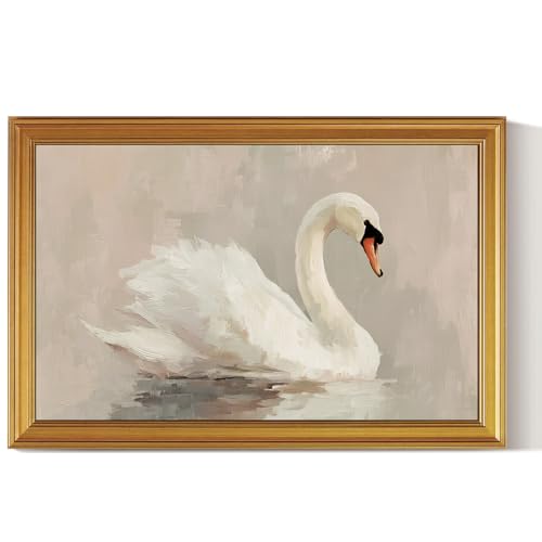 Image of HUARCEY Gold Framed Vintage Wall Art for Living Room, Animals Painting Prints Shelf Decor for Kitchen, Aesthetic Bedroom Wall Art, Best Gifts for Friends or Family - Swan White 36L x 24W